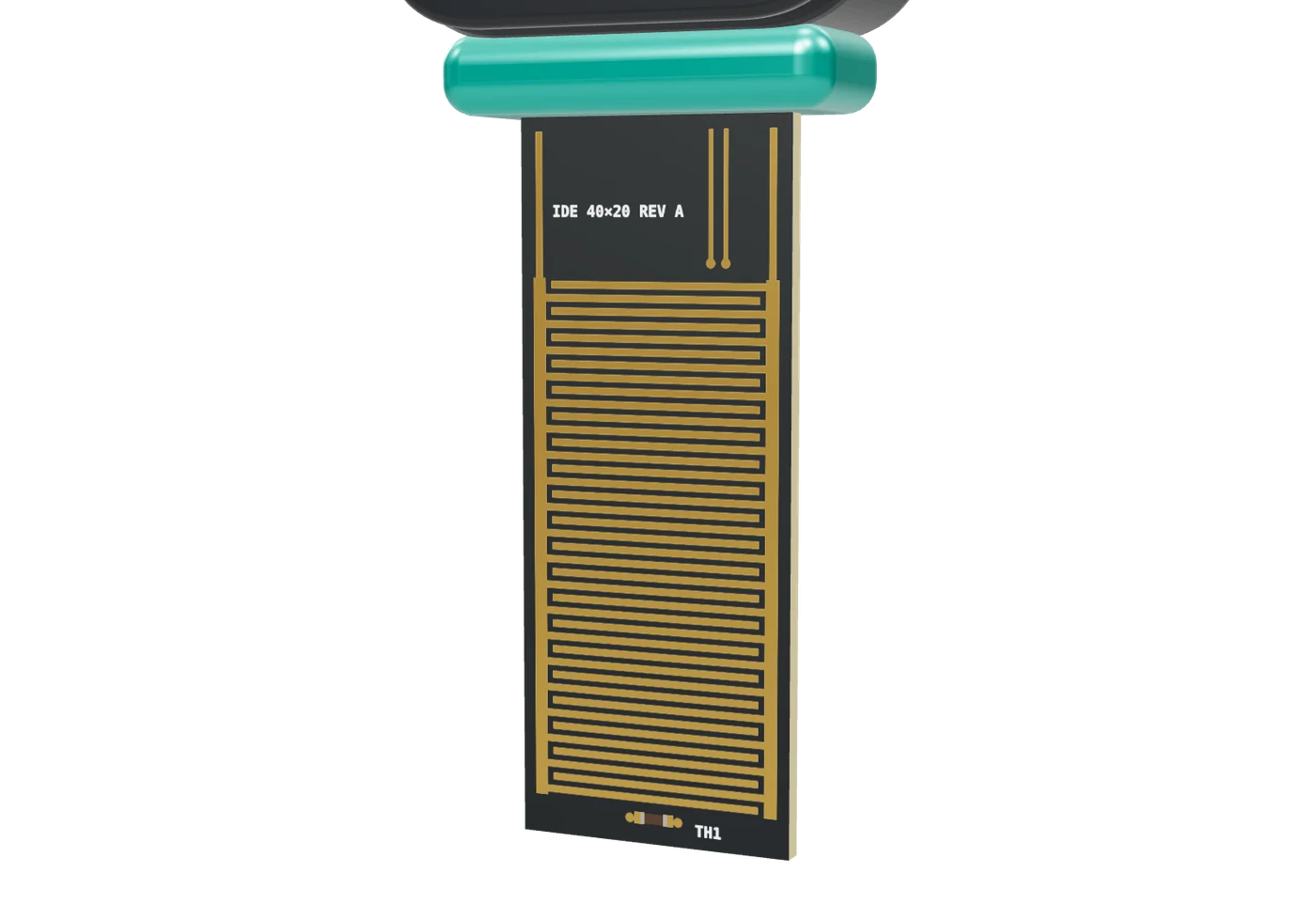 Close-up of the gold interdigitated electrode on the sensing paddle